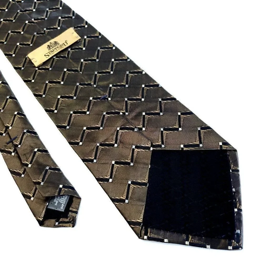 Stafford Executive Brown Beige Black Woven‎ Geometric Short Silk Tie